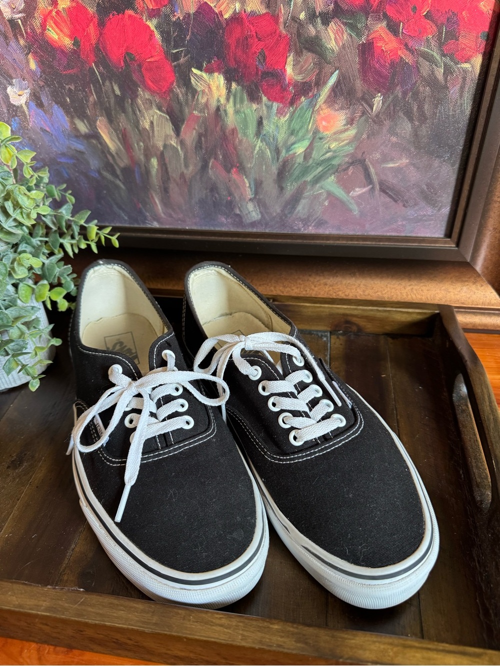 Vans Black Canvas Low-Top Sneakers with White Laces Men 9.5 or Women 11